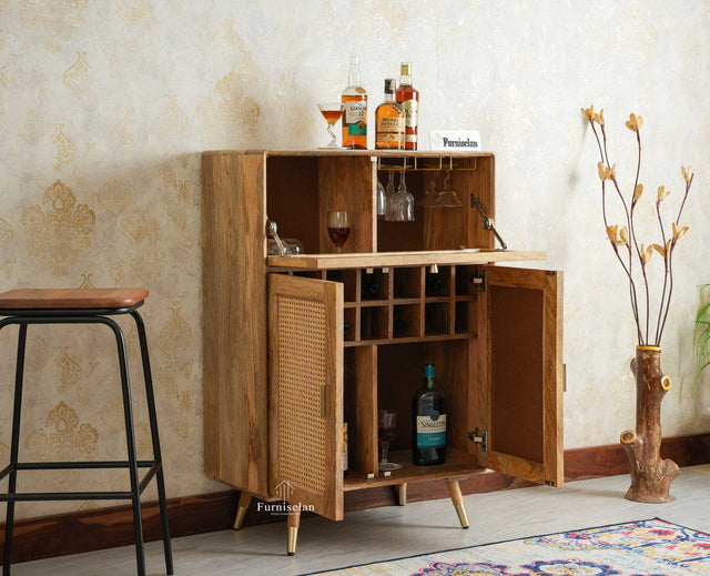 Boston Solid Wood Rattan Cane Bar Cabinet with Glass Holder Storage Multipurpose features Furniselan Natural Finish