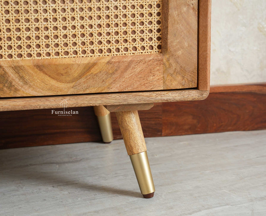 Boston Solid Wood Rattan Cane Bar Cabinet with Glass Holder Storage Multipurpose features Furniselan Natural Finish
