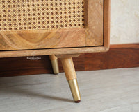 Boston Solid Wood Rattan Cane Bar Cabinet with Glass Holder Storage Multipurpose features Furniselan Natural Finish