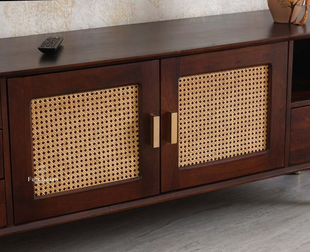 Boston Solid Wood Rattan Cane Tv Cabinet with Two Doors and Four Drawers - Tv Cabinet - Furniselan Grey-Finish