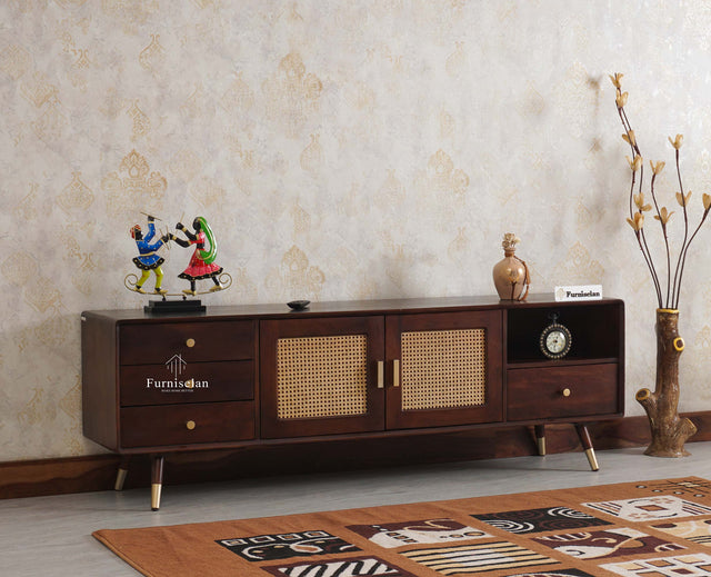 Boston Solid Wood Rattan Cane Tv Cabinet with Two Doors and Four Drawers - Tv Cabinet - Furniselan Grey-Finish
