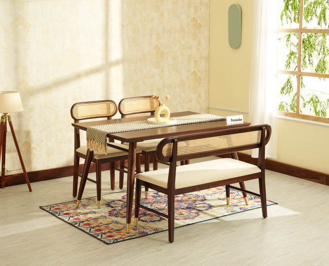 Boston Wooden Rattan Cane Dining Table Four Seater with Backrest Bench Grey Finish