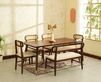 Boston Wooden Rattan Cane Dining Table Six  Seater with Backrest Bench Grey Finish