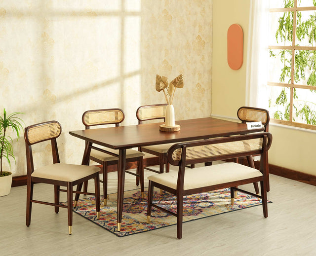 Boston Wooden Rattan Cane Dining Table Six  Seater with Backrest Bench Grey Finish