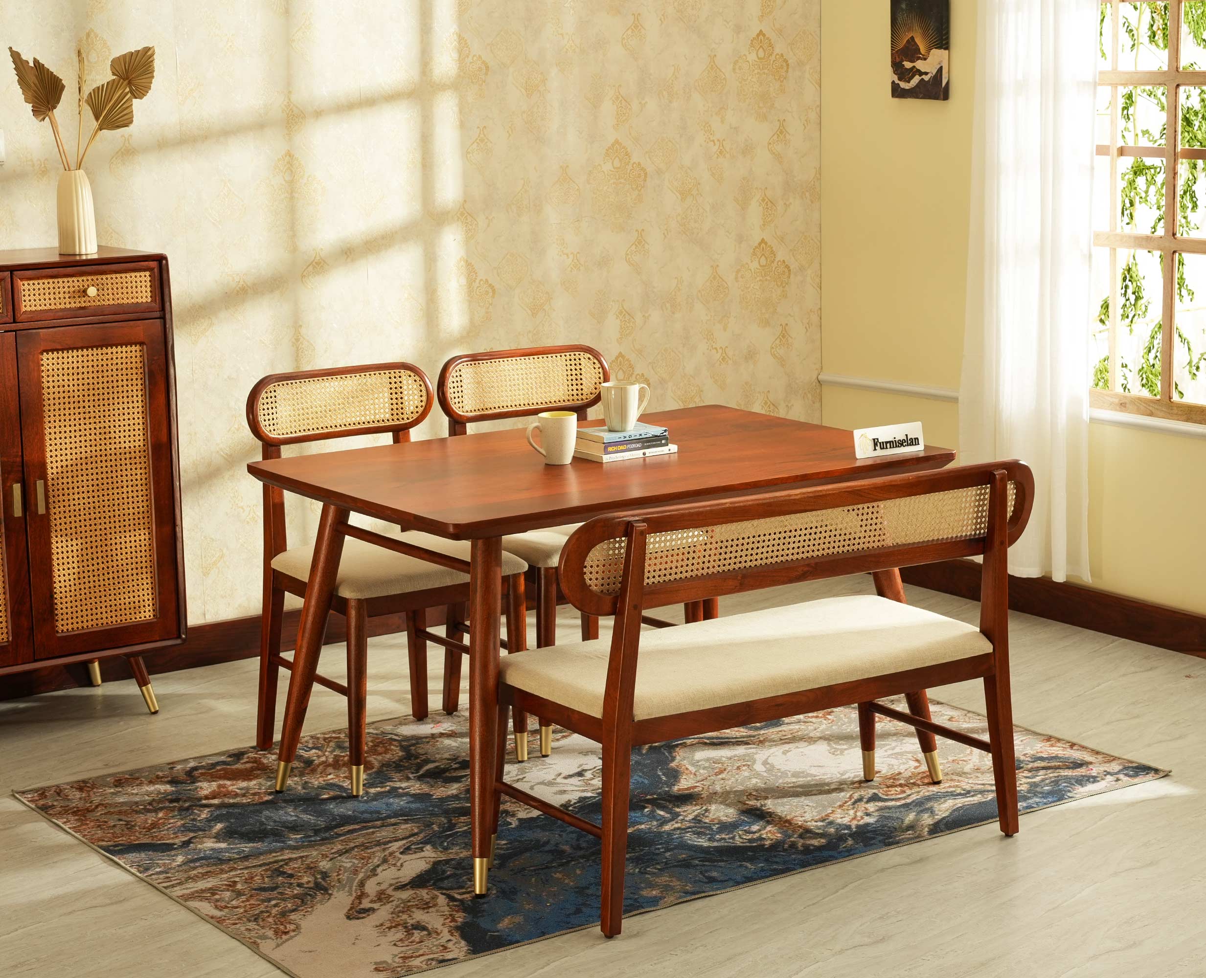 Boston Wooden Rattan Cane Dining Table Four Seater with Backrest Bench Brown Finish