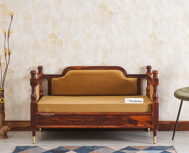 Boston Sheesham Wood Rattan Cane Two Seater Sofa Furniselan Maple-Finish