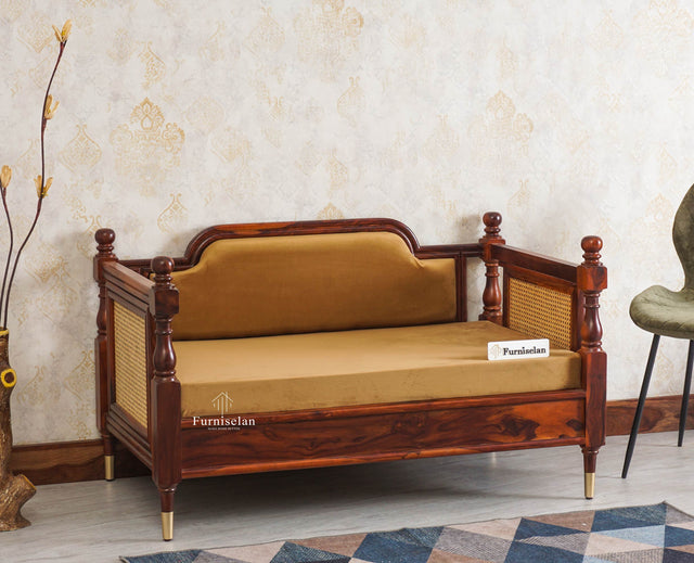 Boston Sheesham Wood Rattan Cane Two Seater Sofa Furniselan Maple-Finish