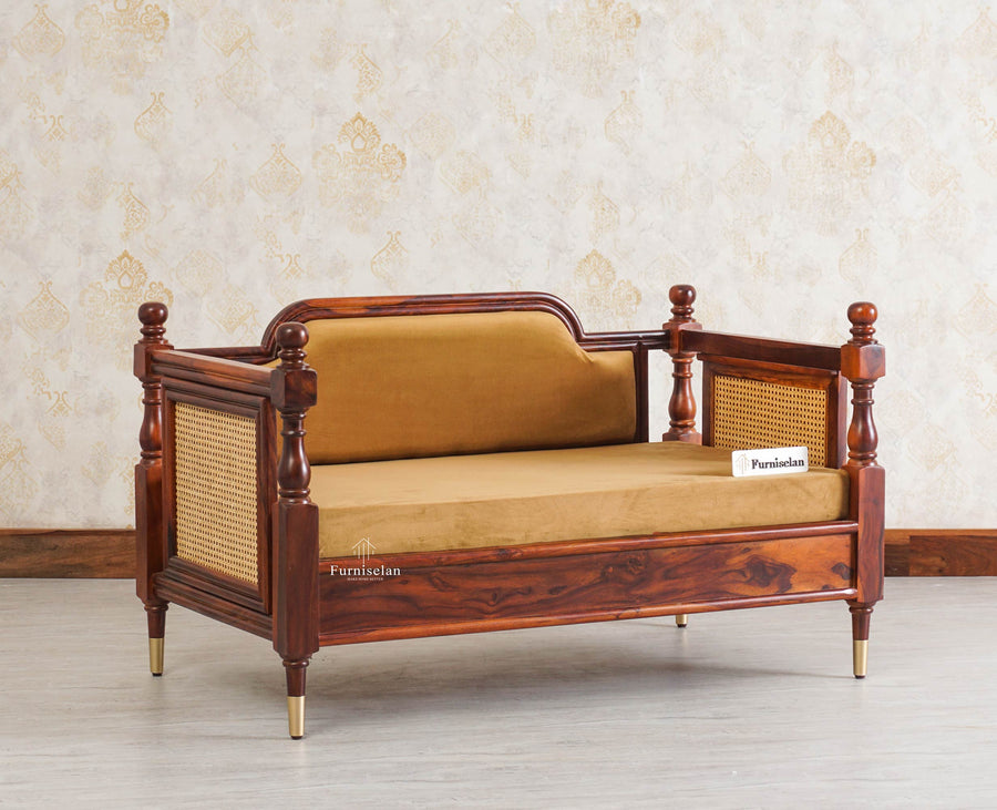 Boston Sheesham Wood Rattan Cane Two Seater Sofa Furniselan Maple-Finish