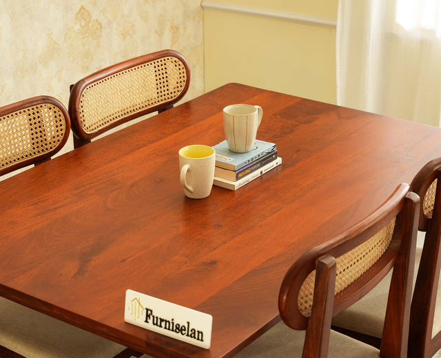 Boston Solid Wood Rattan Cane Dining Table Four Seater Set Square Furniselan Brown-Finish