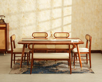 Boston Wooden Rattan Cane Dining Table Six  Seater with Backrest Bench Brown Finish