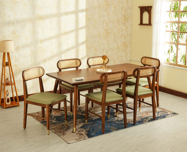 Boston Solid Wood Rattan Cane Dining Table Six Seater Set Furniselan Teak-Finish