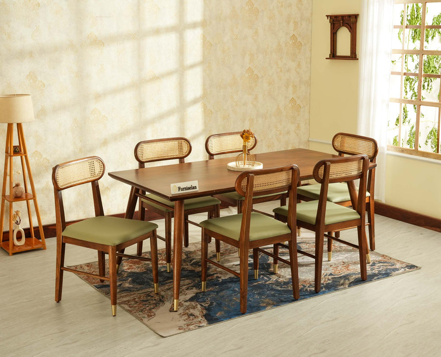 Boston Solid Wood Rattan Cane Dining Table Six Seater Set Furniselan Teak-Finish