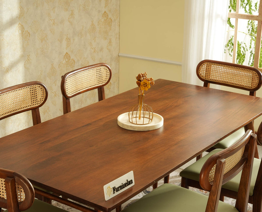 Boston Solid Wood Rattan Cane Dining Table Six Seater Set Furniselan Teak-Finish