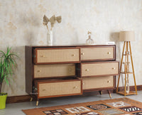 Boston Solid Wood Rattan Cane Chest of Drawer Six Drawer Dressing Chester Furniselan Brown-Finish