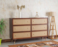Boston Solid Wood Rattan Cane Chest of Drawer Six Drawer Dressing Chester Furniselan Brown-Finish