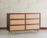 Boston Solid Wood Rattan Cane Chest of Drawer Six Drawer Dressing Chester Furniselan Brown-Finish