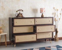 Boston Solid Wood Rattan Cane Chest of Drawer Six Drawer Dressing Chester Furniselan Grey-Finish