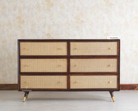 Boston Solid Wood Rattan Cane Chest of Drawer Six Drawer Dressing Chester Furniselan Grey-Finish