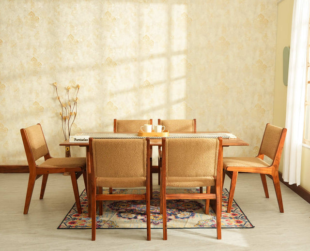 Nairobi Solid Acacia Wood Six Seater Dining Set-Premium Boucle Fabric - Teak Finish