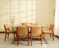 Nairobi Solid Acacia Wood Six Seater Dining Set-Premium Boucle Fabric - Teak Finish
