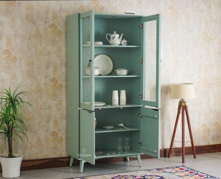 Bengaluru Solid Wood Crockery Cabinet four Doors Furniselan Silt-Green