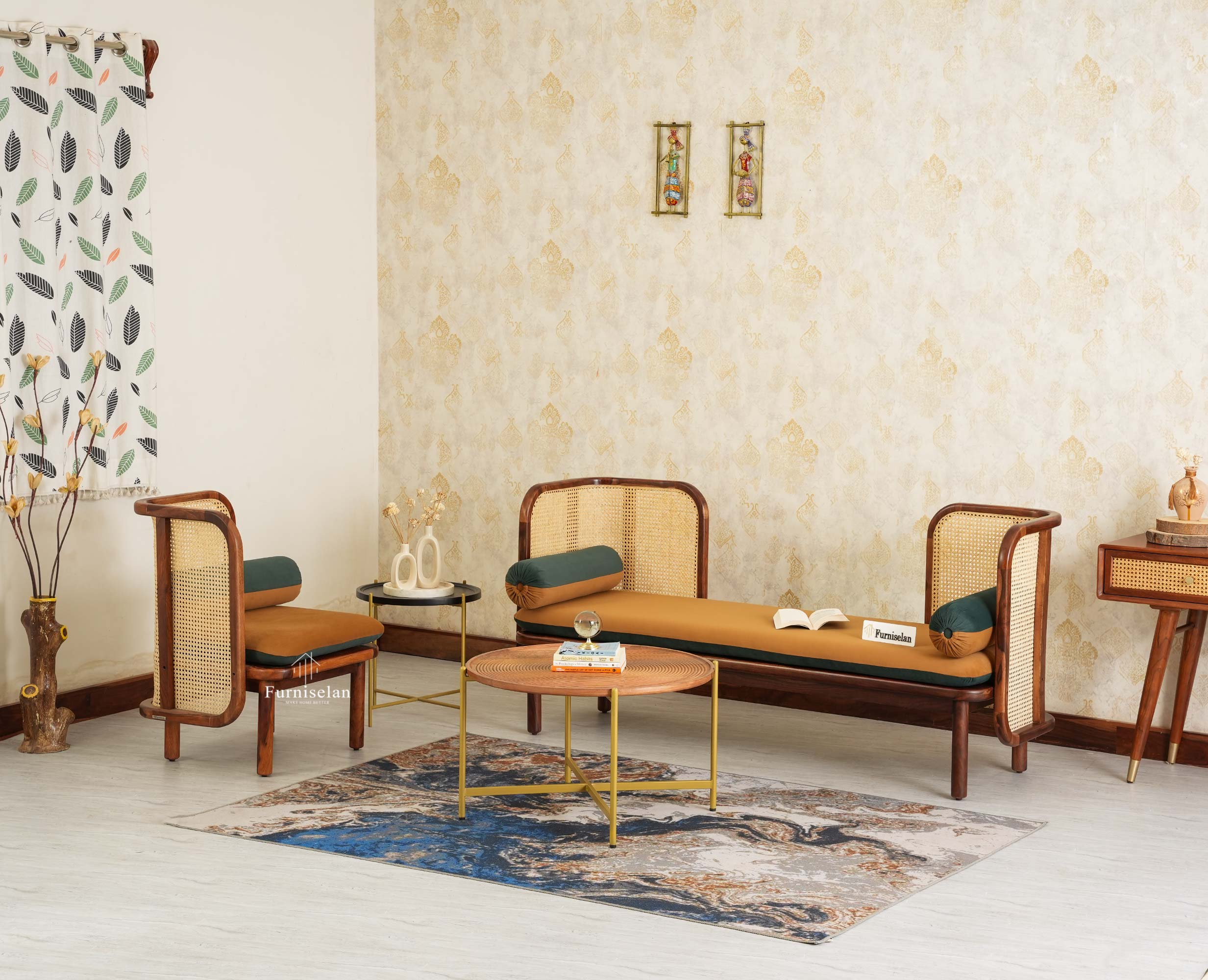 Aurum Sheesham Wood Cane Four Seater Sofa Set for Living Room with Cushion Seating 3+1 Furniselan Brown Finish