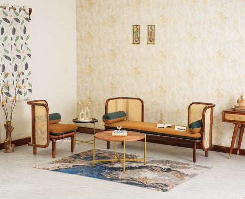 Aurum Sheesham Wood Cane Four Seater Sofa Set for Living Room with Cushion Seating 3+1 Furniselan Brown Finish