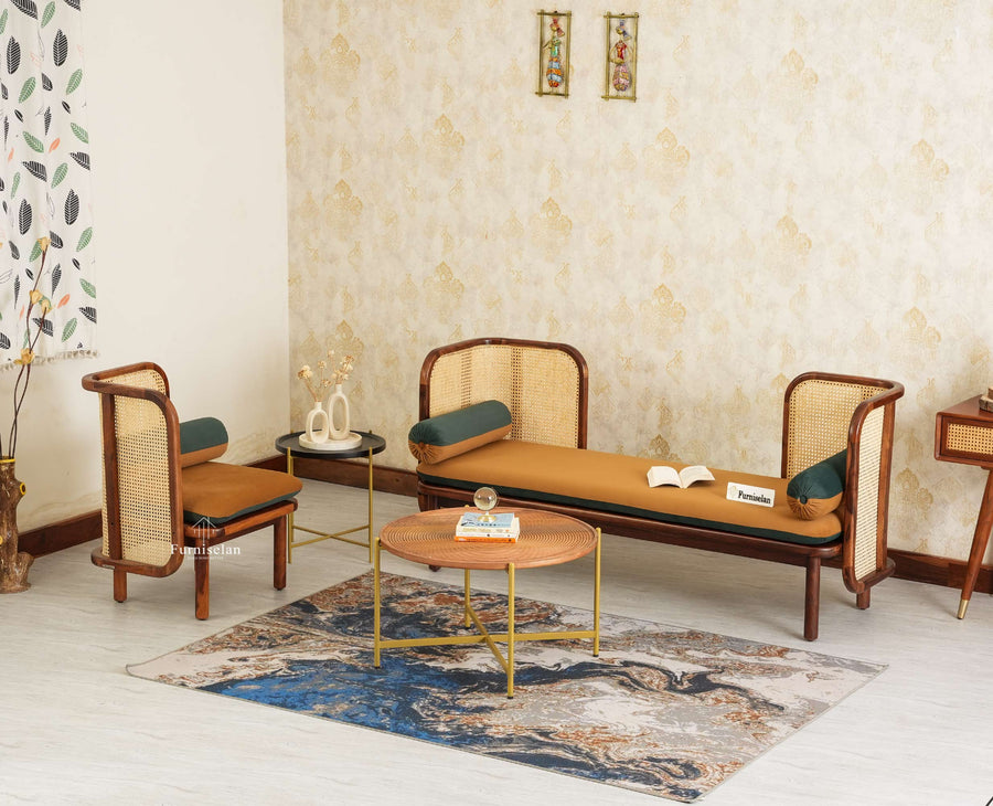 Aurum Sheesham Wood Cane Four Seater Sofa Set for Living Room with Cushion Seating 3+1 Furniselan Brown Finish