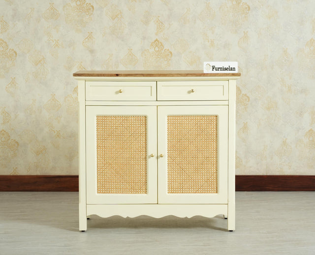 Maison Wooden Cane Premium Sideboard –  2 Drawer Storage Cabinet with Doors Frosty White