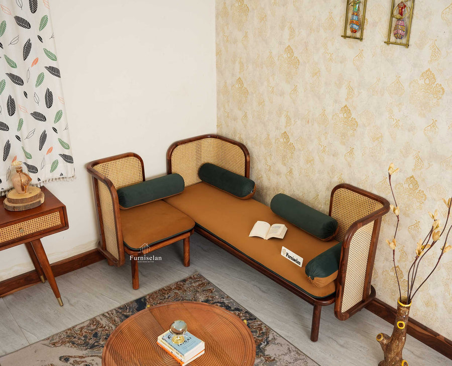 Aurum Sheesham Wood Cane Four Seater Sofa Set for Living Room with Cushion Seating 3+1 Furniselan Brown Finish