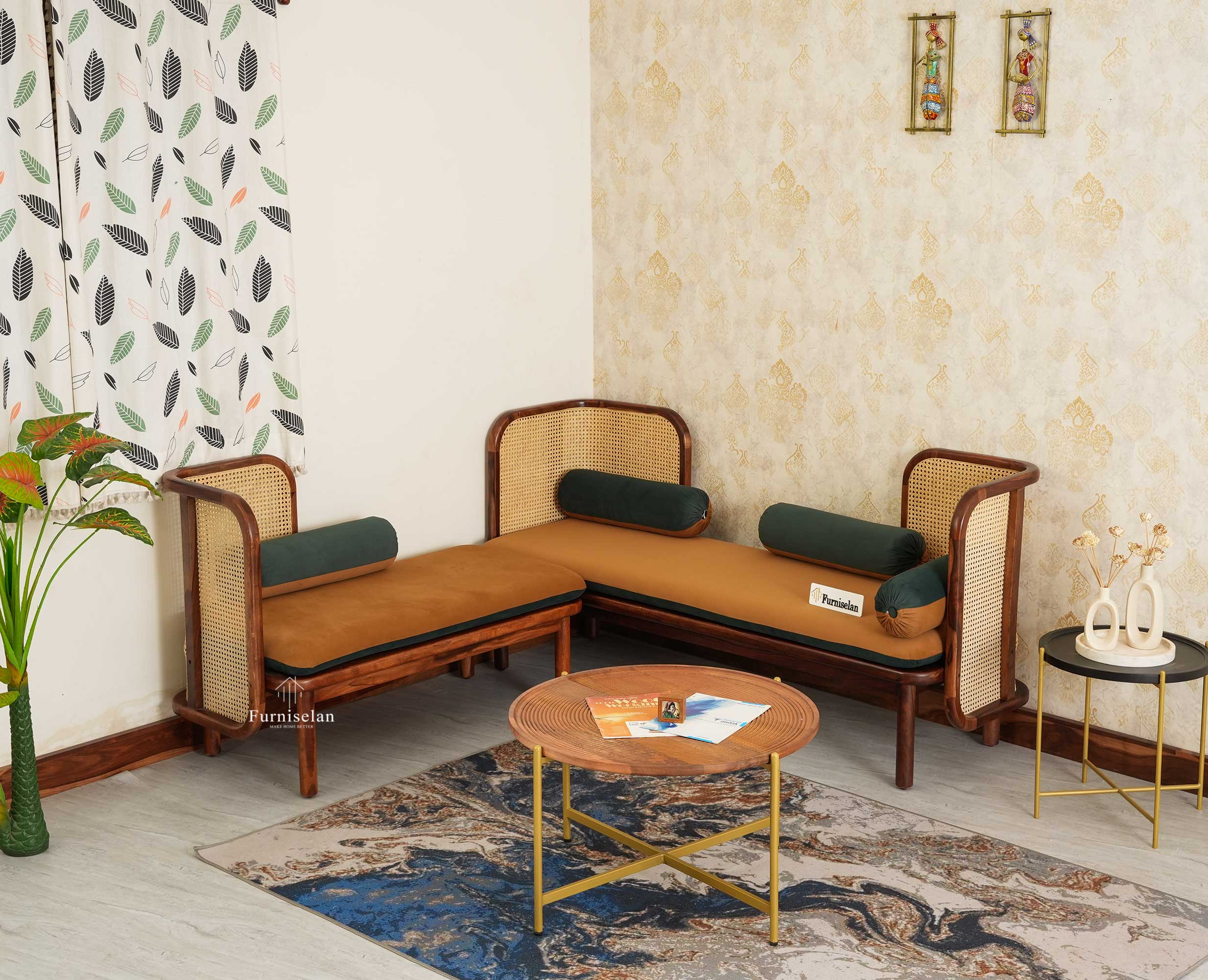 Aurum Sheesham Wood Cane Five Seater Sofa Set for Living Room with Cushion Seating 3+2 Furniselan Brown Finish