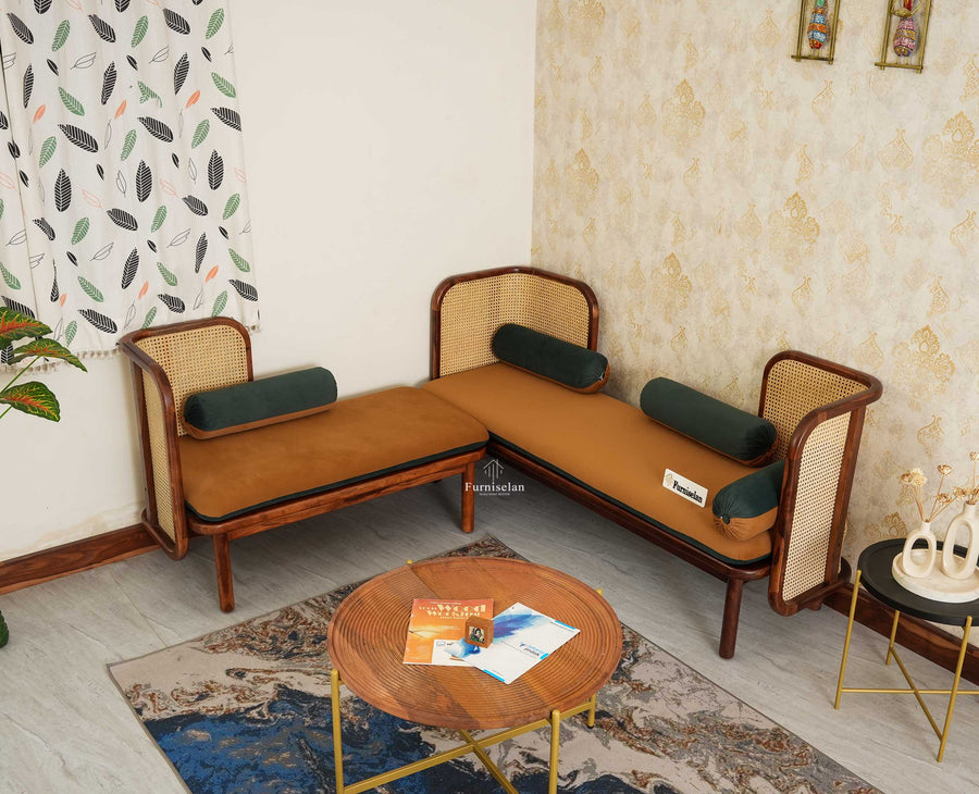 Aurum Sheesham Wood Cane Five Seater Sofa Set for Living Room with Cushion Seating 3+2 Furniselan Brown Finish