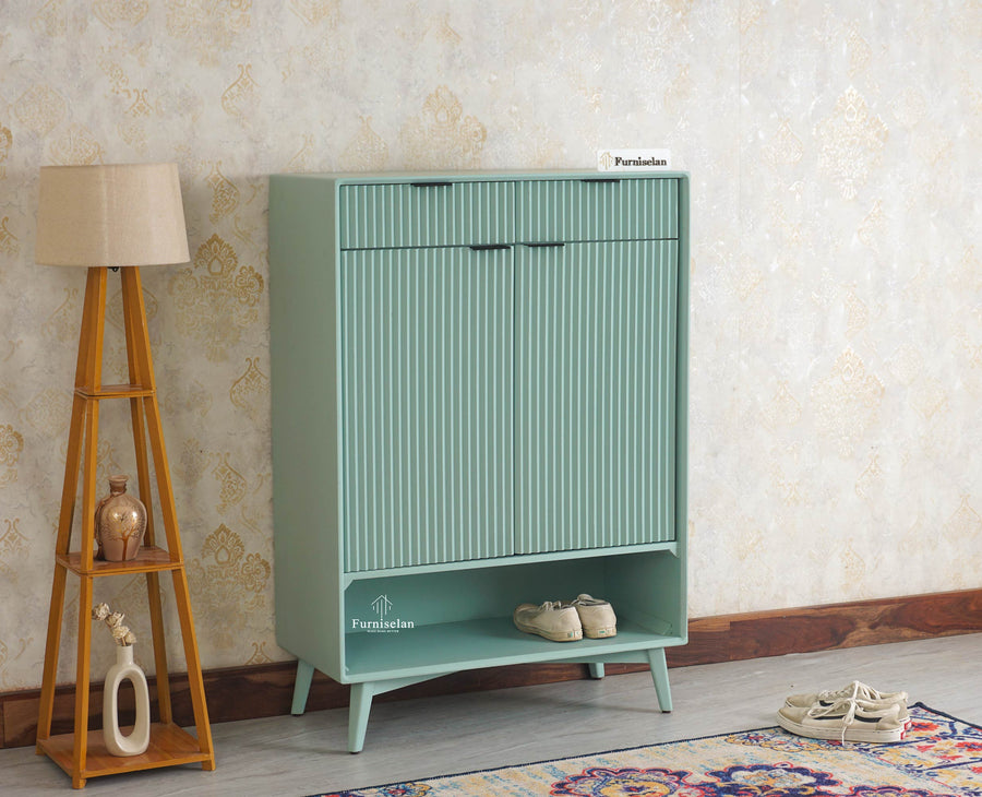 Bengaluru Solid Wood Shoe Rack Cabinet Two Doors and Drawers With Open Storage Furniselan - Silt Green