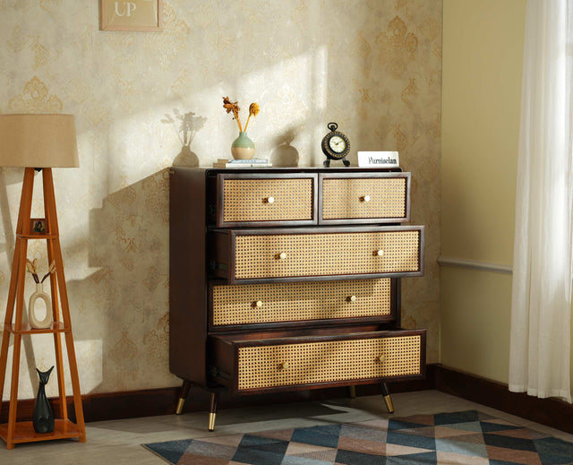 Boston Wooden Rattan Cane Chest of Drawer Five Drawer Cabinet Grey Finish