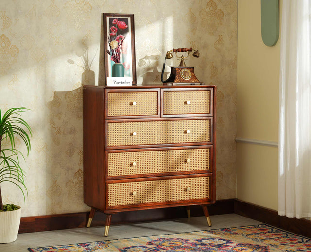 Boston Wooden Rattan Cane Chest of Drawer Five Drawer Cabinet Brown Finish
