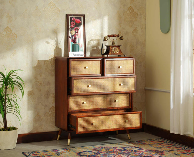 Boston Wooden Rattan Cane Chest of Drawer Five Drawer Cabinet Brown Finish