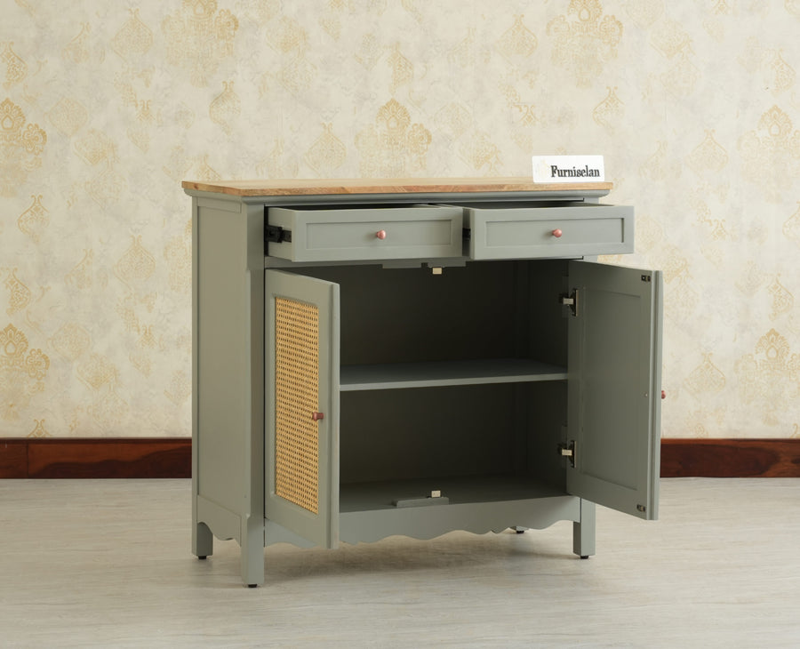Maison Wooden Cane Premium Sideboard –  2 Drawer Storage Cabinet with Doors Cool Grey