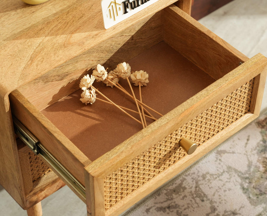 Boston Solid Wood Rattan Cane Two Drawer Bedside Table - Bedside Table - Furniselan Natural Finish