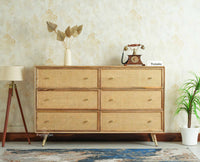 Boston Solid Wood Rattan Cane Chest of Drawer Six Drawer Dressing Chester Furniselan Natural Finish