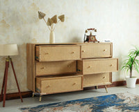 Boston Solid Wood Rattan Cane Chest of Drawer Six Drawer Dressing Chester Furniselan Natural Finish