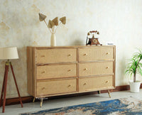 Boston Solid Wood Rattan Cane Chest of Drawer Six Drawer Dressing Chester Furniselan Natural Finish