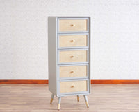 Boston Solid Wood Rattan Cane Tall Chest of Drawer Five Drawer - Chest of Drawer - Furniselan Cool-Grey