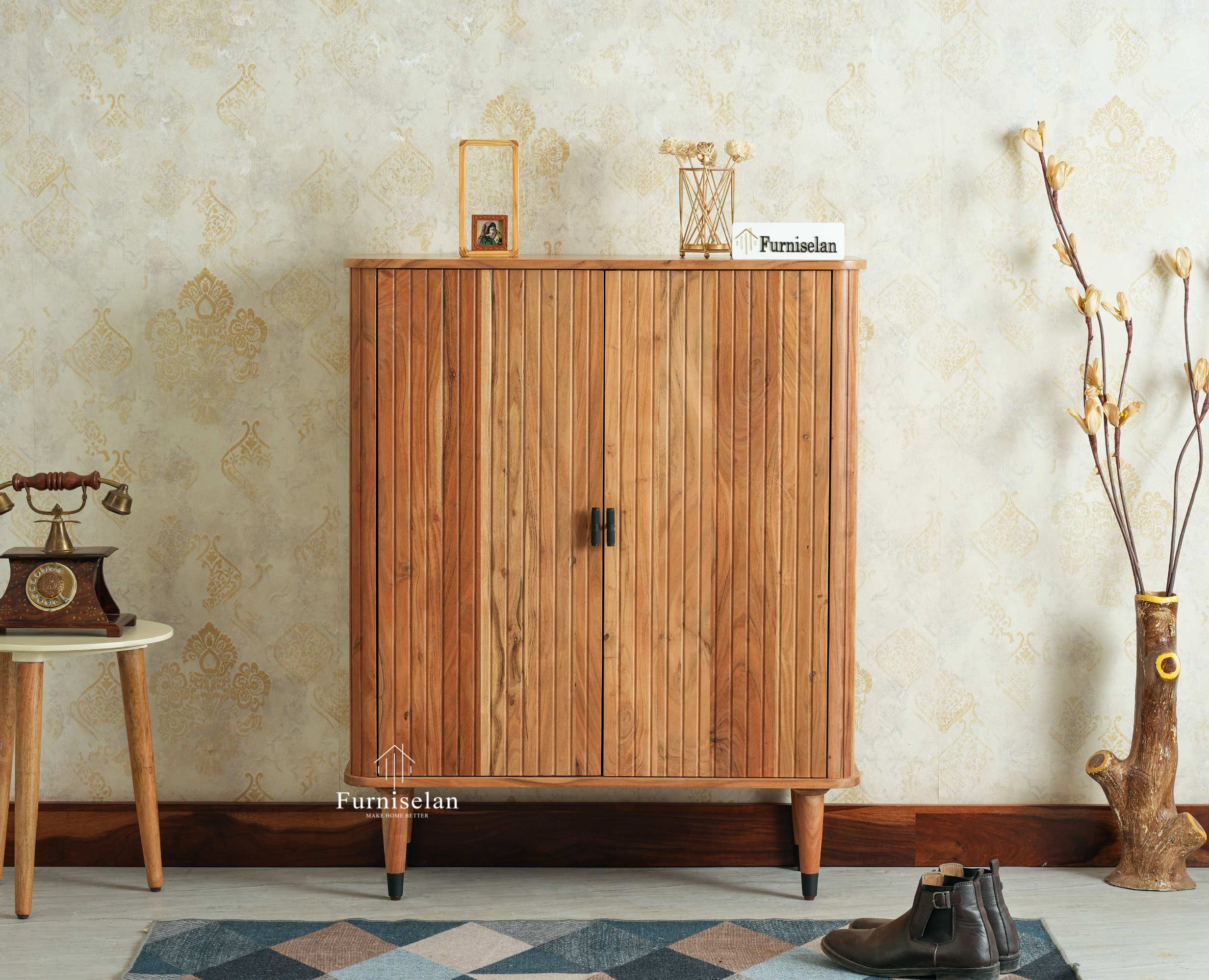 Eiffel Solid Wood Shoe Rack Cabinet Designer Shoe Rack Organizer for Entryway & Living Space Furniselan Natural Finish