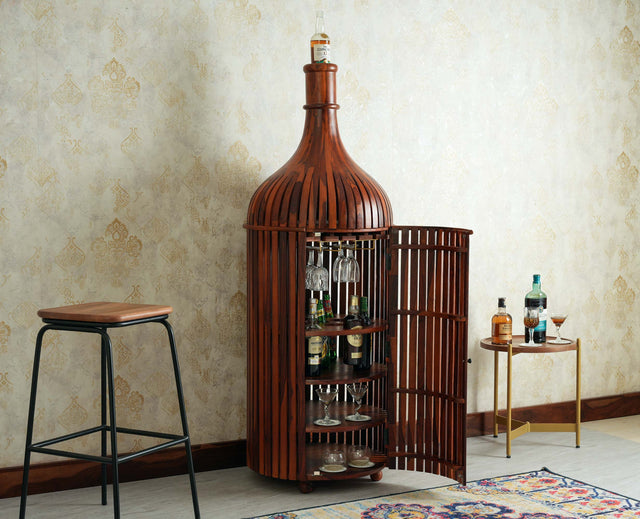 Florence Decanter Style Sheesham Wood Bar Cabinet with Glass Holder Furniselan Maple Finish
