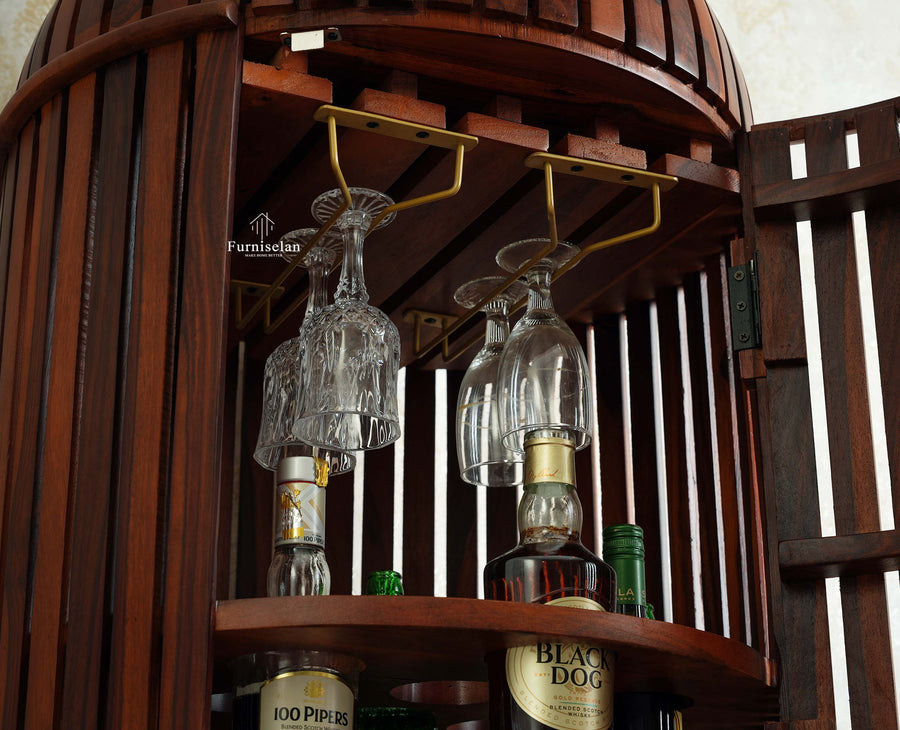 Florence Decanter Style Sheesham Wood Bar Cabinet with Glass Holder Furniselan Maple Finish