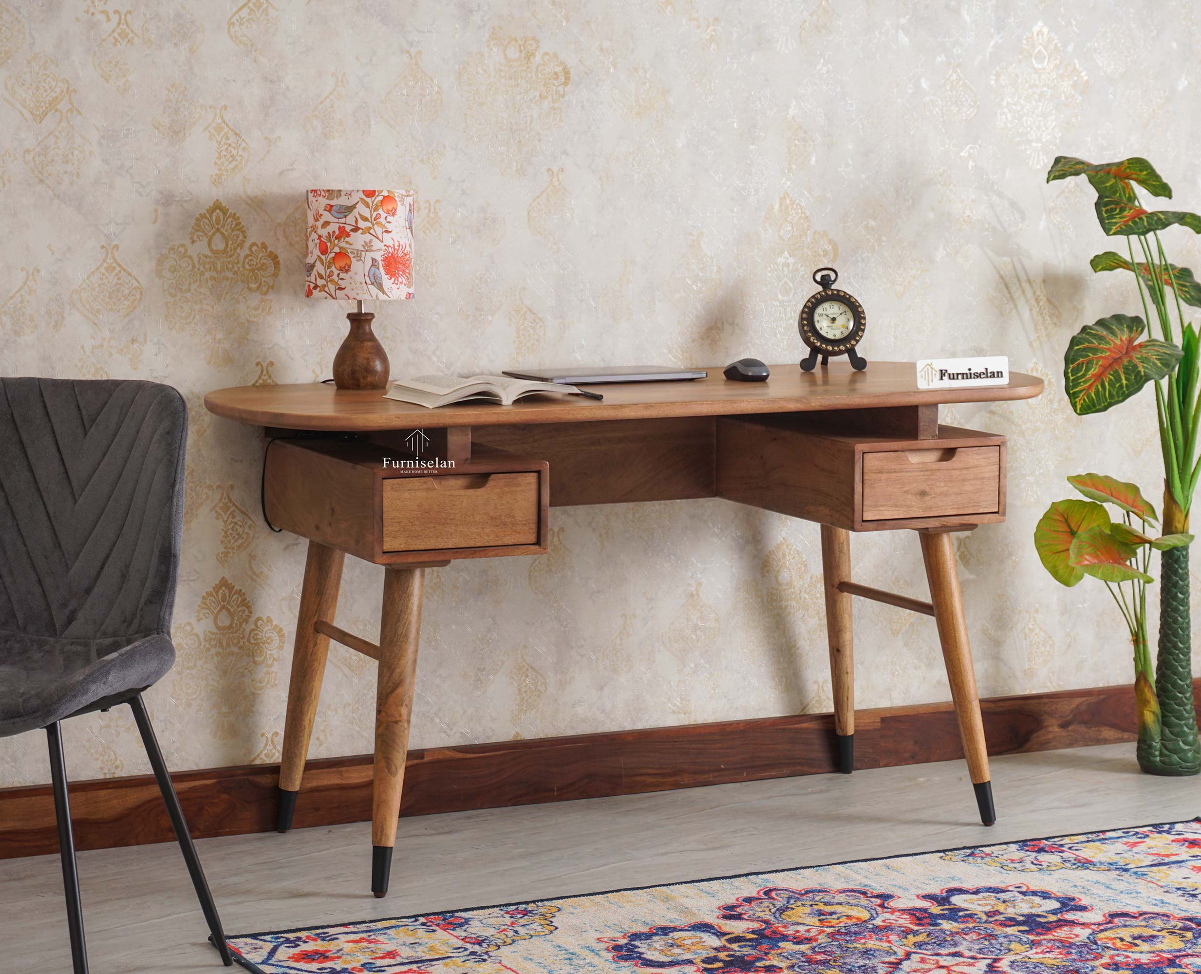 Hosur Solid Mango Wood Two Drawer Study Table - Console Table - Furniselan Natural-Oak-Finish