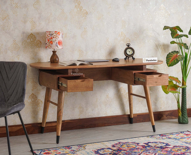 Hosur Solid Mango Wood Two Drawer Study Table - Console Table - Furniselan Natural-Oak-Finish