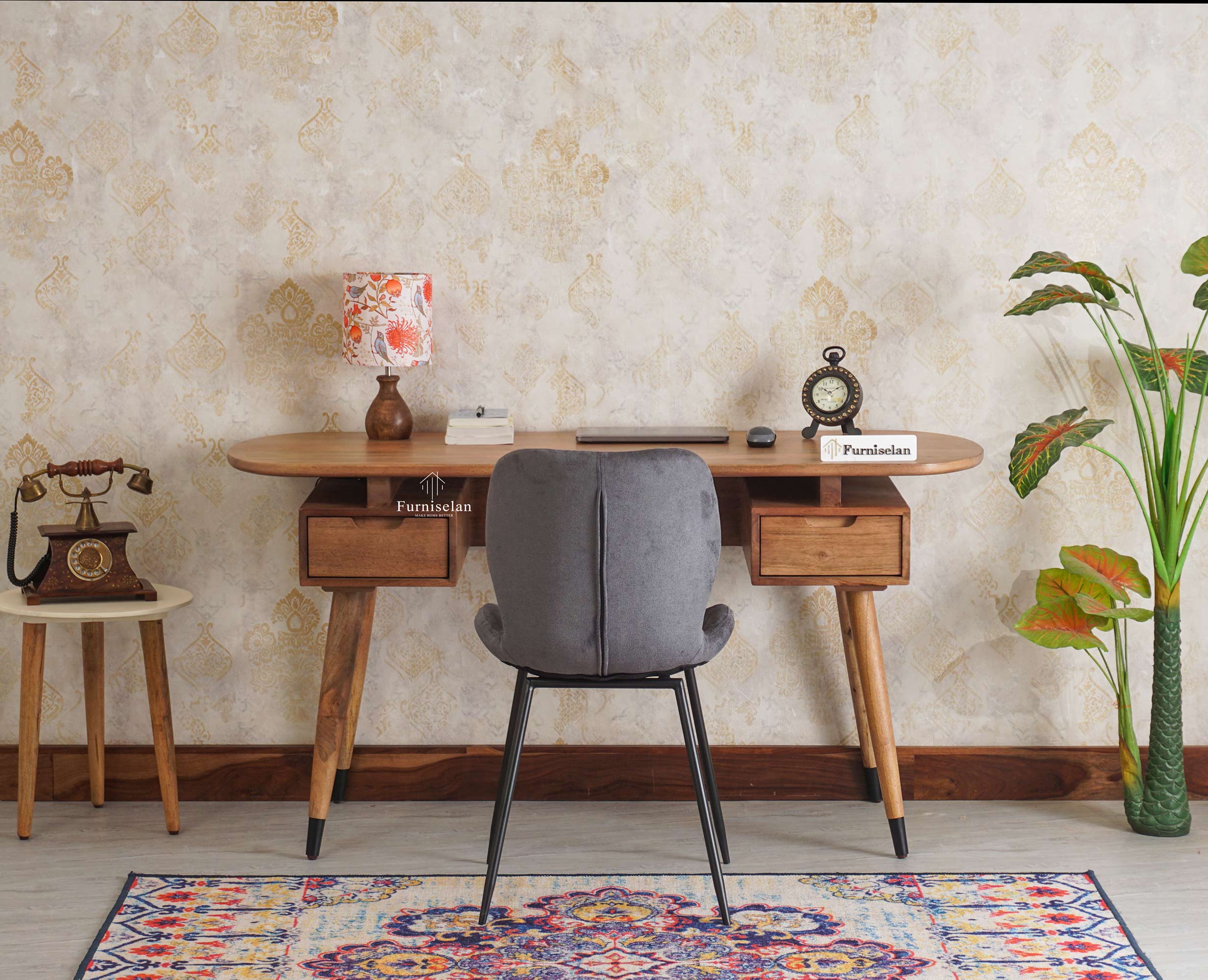 Hosur Solid Mango Wood Two Drawer Study Table  With Chair Furniselan - Natural-Oak-Finish
