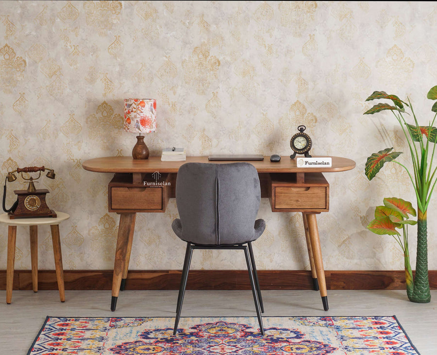 Hosur Solid Mango Wood Two Drawer Study Table  With Chair Furniselan - Natural-Oak-Finish