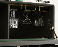 Boston Solid Wood Rattan Cane Bar Cabinet with Glass Holder Storage Multipurpose features Furniselan Slate Grey